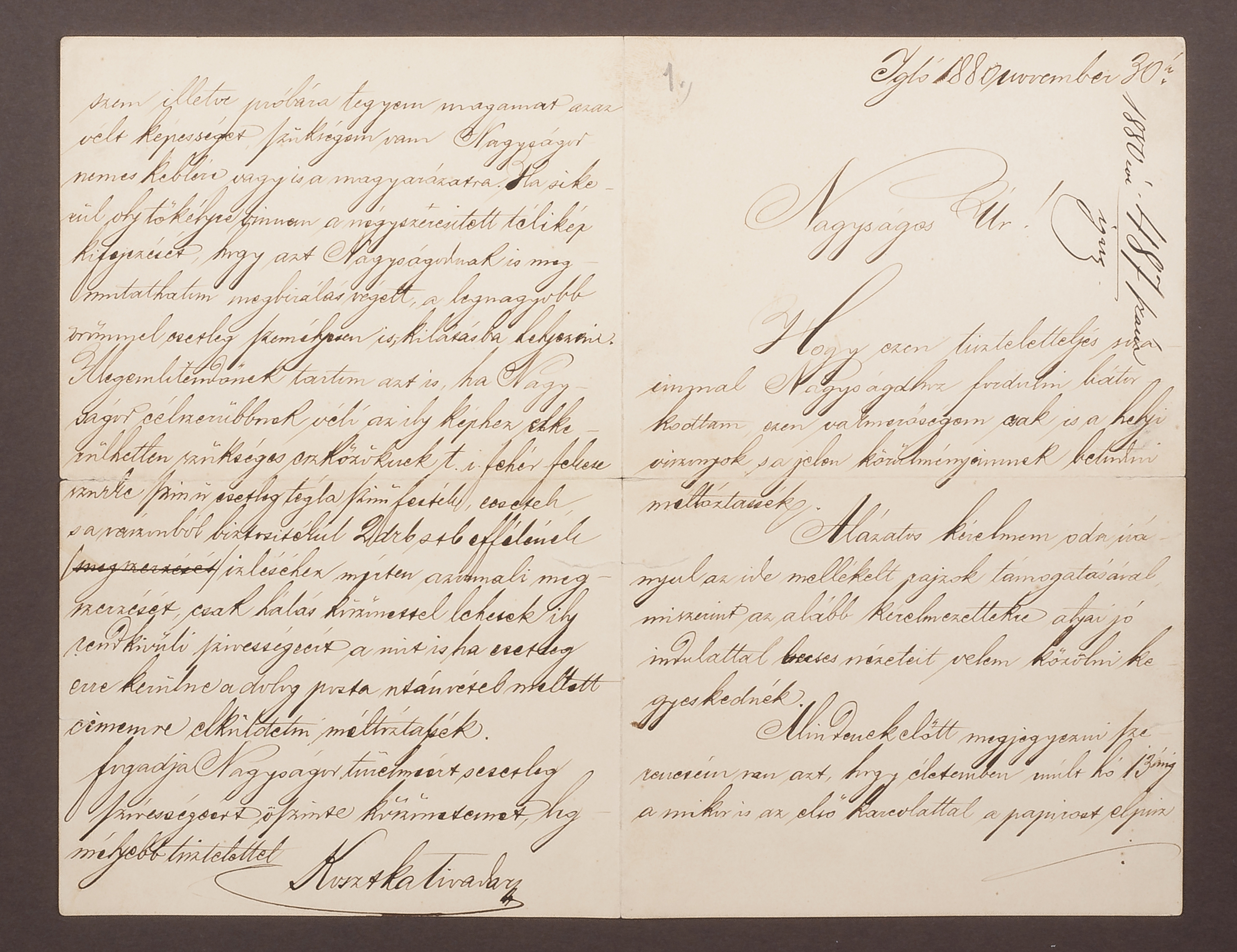 Csontváry első levele Keleti Gusztávhoz, 1880. november 30., tus, papír, 21,4 x 27,3 cm, négy beírt oldal